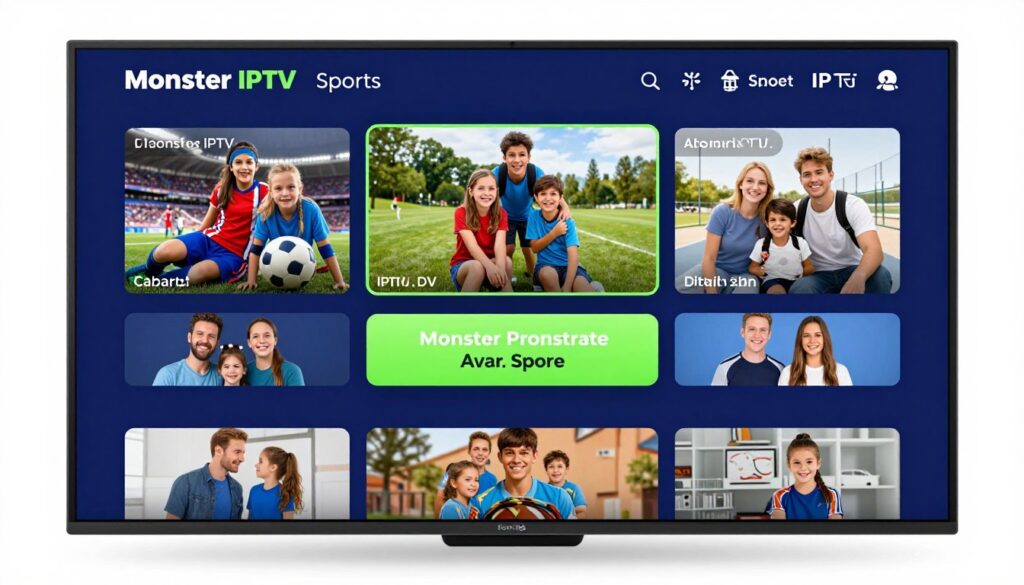 Generate an image representing Monster IPTV's sports coverage and family-friendly features