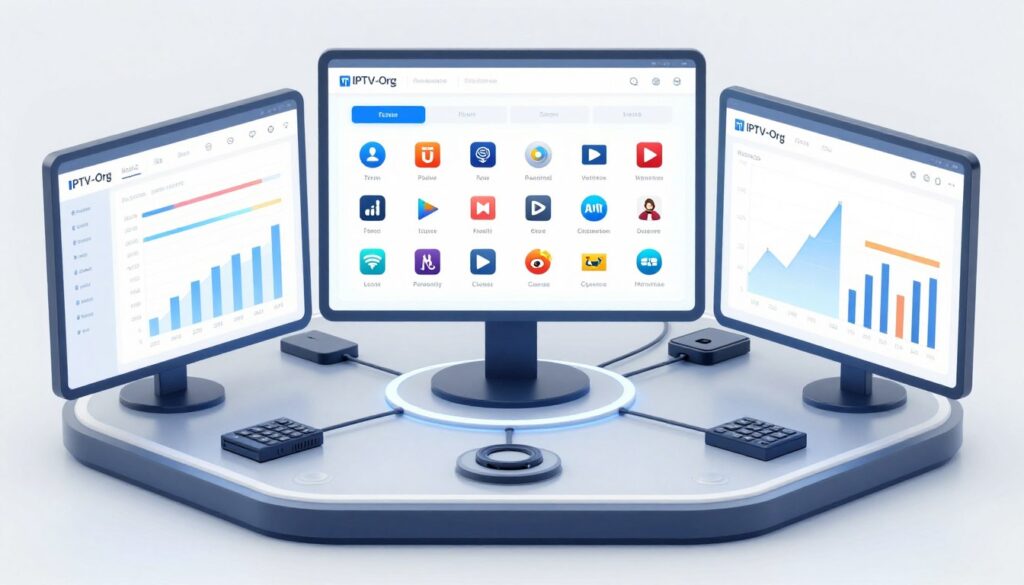 Generate an image representing the IPTV-Org database as a central hub for IPTV channel information.