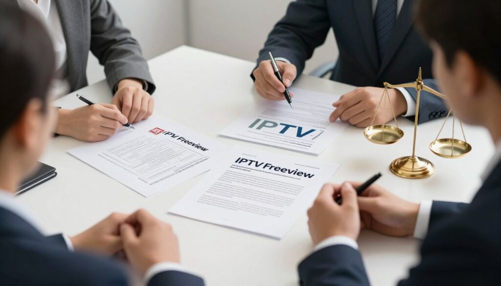 Generate an image representing the legal aspects of IPTV Freeview UK