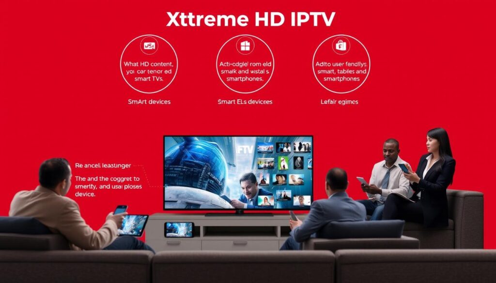 Generate an image showcasing Xtreme HD IPTV's features, particularly its HD content and device compatibility.