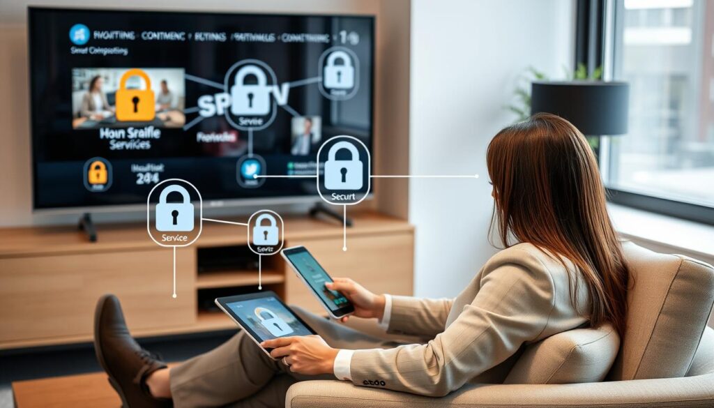 Generate image: A user accessing IPTV on multiple devices with enhanced security features