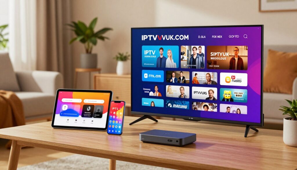 IPTV setup on a living room table showcasing various devices, including a smart TV, tablet, and smartphone. In the foreground, the smart TV displays the IPTVVUK.COM interface with vibrant colors. The middle layer features the tablet and smartphone beside the TV, showing popular streaming apps. The background includes a cozy living room setting with soft lighting, plants, and modern furniture to create a welcoming atmosphere. Capture the scene with a wide-angle lens to highlight the arrangement of devices. The mood should be relaxed and tech-savvy, emphasizing the ease of setting up IPTV services in any home environment. No text, watermarks, or human subjects are present.