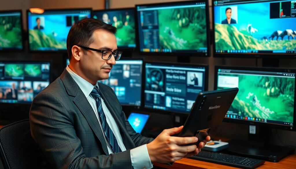 Image of a person using a streaming device with multiple screens