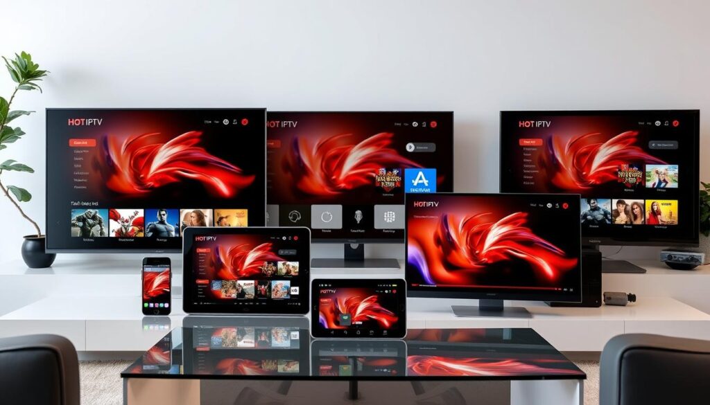 Image of various devices such as Smart TVs, smartphones, tablets, and computers, all displaying the Hot IPTV interface. Image of various devices such as Smart TVs, smartphones, tablets, and computers, all displaying the Hot IPTV interface.