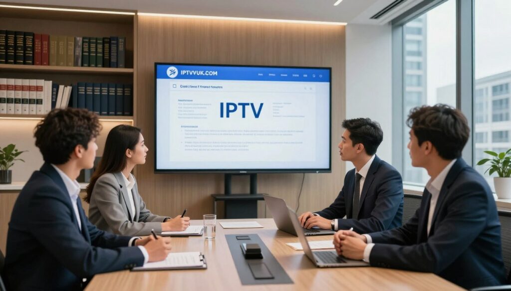 Imagine a modern, sleek office environment representing legal services for IPTV in the UK. In the foreground, a diverse team of three professionals—two men and one woman—are engaged in a brainstorming session around a polished conference table. They wear smart business attire, showcasing an air of professionalism and collaboration. The middle layer features a large digital screen displaying legal frameworks and regulations related to IPTV, illuminated by soft, warm lighting. In the background, a tall bookshelf filled with legal reference books and a large window offering a view of a bustling cityscape creates an energetic and knowledgeable atmosphere. The lighting should be bright yet balanced to create a welcoming environment, captured from a slightly elevated angle to convey inclusivity and professionalism. Include the brand name “IPTVVUK.COM” subtly integrated into the office decor, enhancing the subject matter without overwhelming the composition.