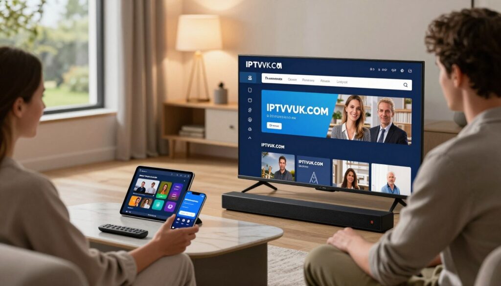 a modern living room setting showcasing an IPTV setup on various devices, including a smart TV, a tablet, and a smartphone, all displaying the IPTVVUK.COM interface. In the foreground, the smart TV is prominently featured, connected to a sleek soundbar, with a remote control beside it. In the middle ground, the tablet rests on a stylish coffee table, while the smartphone is held by a professional person in modest casual clothing, looking engaged. The background features soft lighting from lamps, creating a cozy and inviting atmosphere. A window reveals a glimpse of a serene garden outside. The angle captures the perspective from the sofa, encapsulating the experience of enjoying IPTV at home, highlighting the convenience and accessibility of setup and installation.