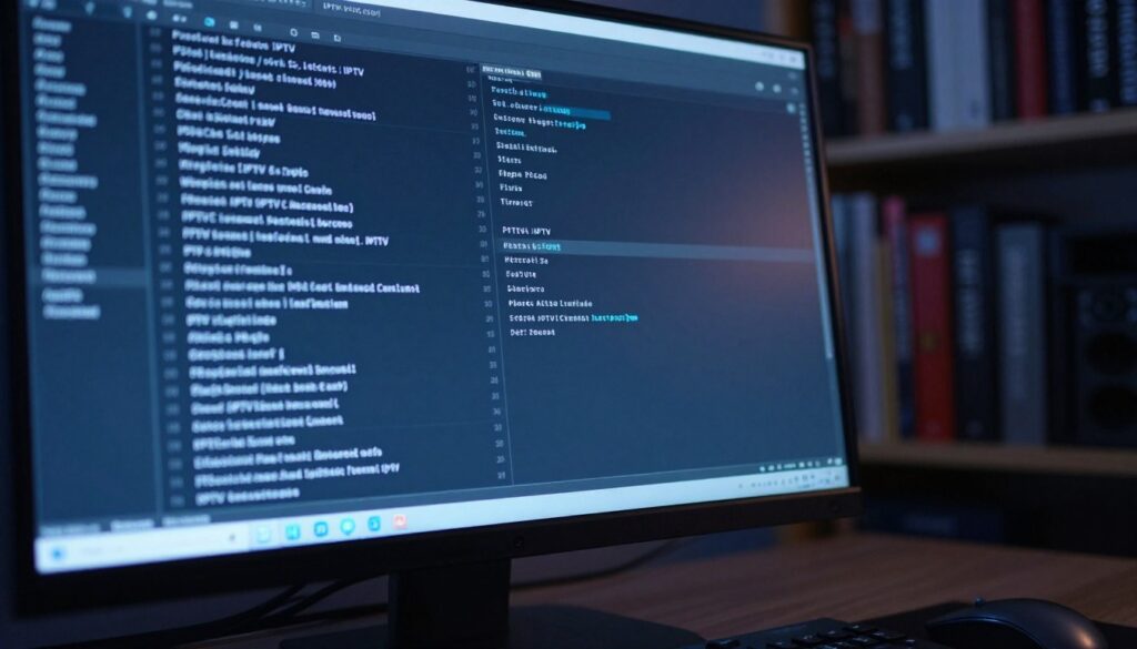A close-up view of a computer screen displaying an M3U playlist file, filled with lines of IPTV links and channel names, showcasing the technical intricacies of historical IPTV links. The screen is illuminated with a soft blue light, reflecting a nighttime office environment. In the foreground, a sleek modern keyboard and mouse are visible, emphasizing a professional setup. The middle ground features the glowing screen with clear, readable text, conveying a sense of focus on technology. In the background, shelves filled with tech books and a subtle hint of server equipment create an atmosphere of expertise and innovation. The image should evoke nostalgia while remaining polished and contemporary. Ensure the brand name "IPTVVUK.COM" is subtly integrated into the screen's interface without any text overlays or captions. A close-up view of a computer screen displaying an M3U playlist file, filled with lines of IPTV links and channel names, showcasing the technical intricacies of historical IPTV links. The screen is illuminated with a soft blue light, reflecting a nighttime office environment. In the foreground, a sleek modern keyboard and mouse are visible, emphasizing a professional setup. The middle ground features the glowing screen with clear, readable text, conveying a sense of focus on technology. In the background, shelves filled with tech books and a subtle hint of server equipment create an atmosphere of expertise and innovation. The image should evoke nostalgia while remaining polished and contemporary. Ensure the brand name "IPTVVUK.COM" is subtly integrated into the screen's interface without any text overlays or captions.