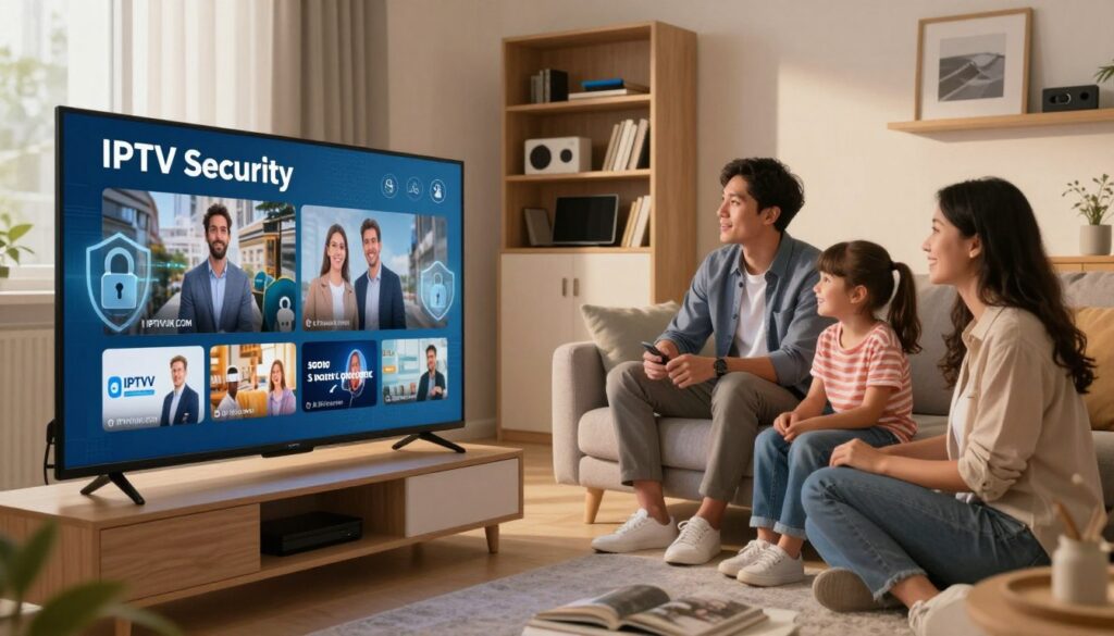 A conceptual illustration representing "IPTV Security", depicting a modern living room where a family watches TV together. In the foreground, show a large flat-screen TV streaming secure IPTV content, with digital security icons like locks and shields subtly overlaying the screen. The middle ground features a cozy sofa with a father and mother in professional business attire, observing their children who sit nearby, engaged and smiling. The background includes a stylish bookshelf filled with gadgets and technology books, emphasizing the modern digital age. The room is well-lit with warm, inviting lighting creating a safe atmosphere. The overall mood conveys trust and security in digital media. Subtly integrate the brand name "IPTVVUK.COM" into the environment, ensuring it appears as part of the content without being overemphasized. A conceptual illustration representing "IPTV Security", depicting a modern living room where a family watches TV together. In the foreground, show a large flat-screen TV streaming secure IPTV content, with digital security icons like locks and shields subtly overlaying the screen. The middle ground features a cozy sofa with a father and mother in professional business attire, observing their children who sit nearby, engaged and smiling. The background includes a stylish bookshelf filled with gadgets and technology books, emphasizing the modern digital age. The room is well-lit with warm, inviting lighting creating a safe atmosphere. The overall mood conveys trust and security in digital media. Subtly integrate the brand name "IPTVVUK.COM" into the environment, ensuring it appears as part of the content without being overemphasized.