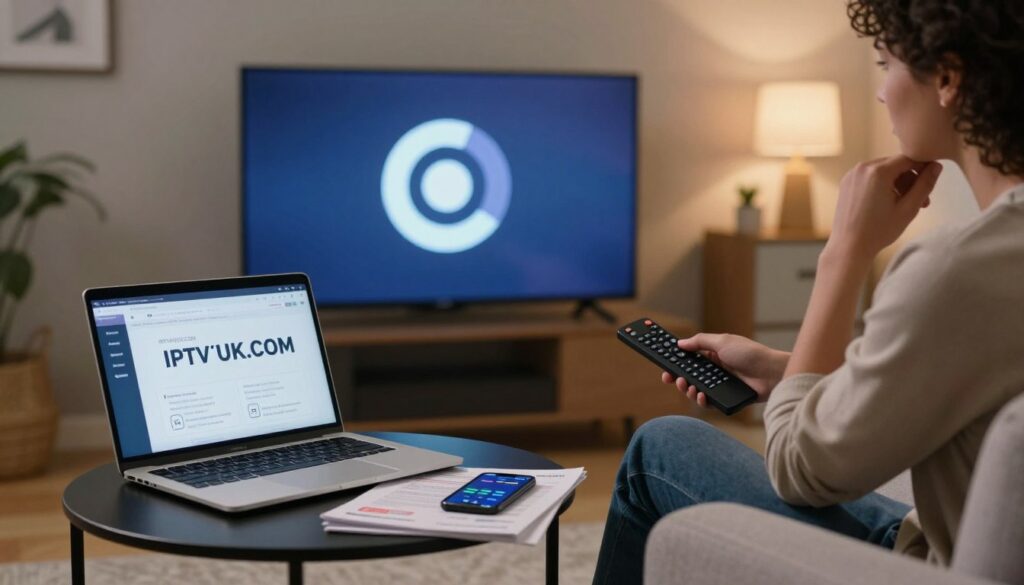 A contemporary living room scene focused on troubleshooting IPTV buffering issues. In the foreground, a modern television displays a buffering icon, prominently featuring a spinning circle. To the left, a sleek laptop connected to the TV, showcasing IPTVVUK.COM on its screen. A person in smart casual attire sits on a stylish sofa, looking thoughtfully at the screen, holding a remote control. In the middle ground, a side table is cluttered with troubleshooting guides and a smartphone displaying internet speed test results. The background features a cozy atmosphere with warm lighting, accentuated by soft ambient lamps to create an inviting mood. Use a slightly blurred depth of field for a professional touch, emphasizing the foreground elements against the subtly decorated room.