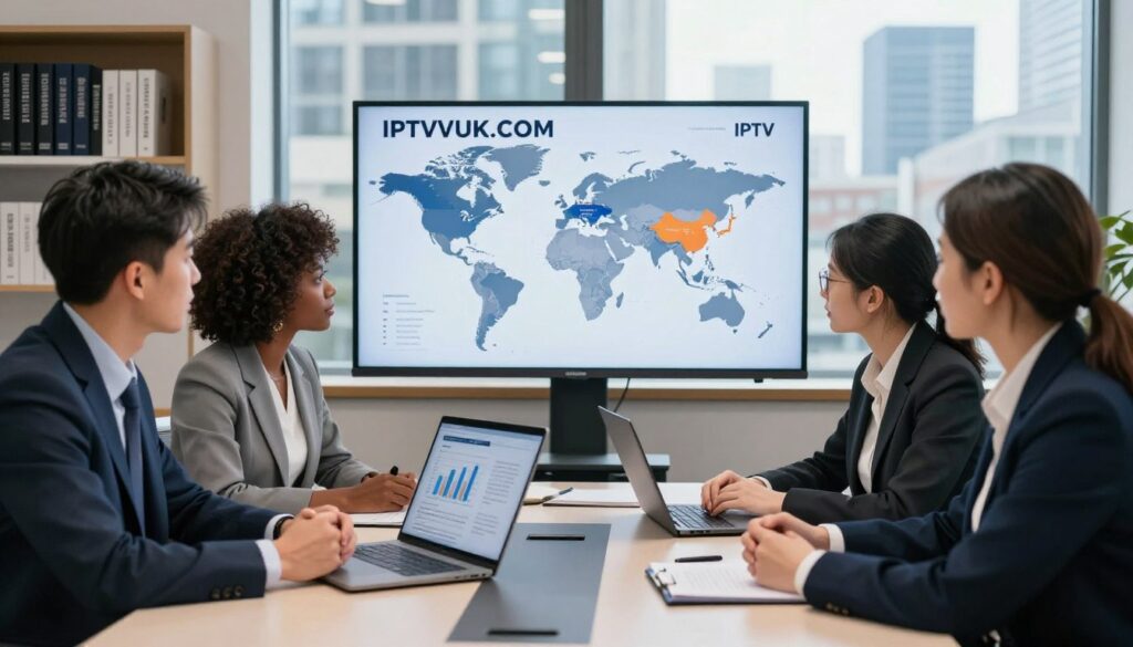 A contemporary office workspace highlighting the complexities of IPTV legality. In the foreground, a diverse group of three professionals in business attire—an Asian man, a Black woman, and a Caucasian woman—engaging in a serious discussion around a sleek conference table. On the table, digital devices displaying graphs and legal documents. In the middle ground, a large screen shows the logo "IPTVVUK.COM" alongside a map indicating various regions with highlighted legal statuses for IPTV. The background features shelves with books on digital law and safety regulations, and a window revealing an urban skyline bathed in natural sunlight. The mood is focused and professional, emphasizing the importance of legal awareness in modern media consumption. The angle captures both the group and the screen, creating a dynamic composition.