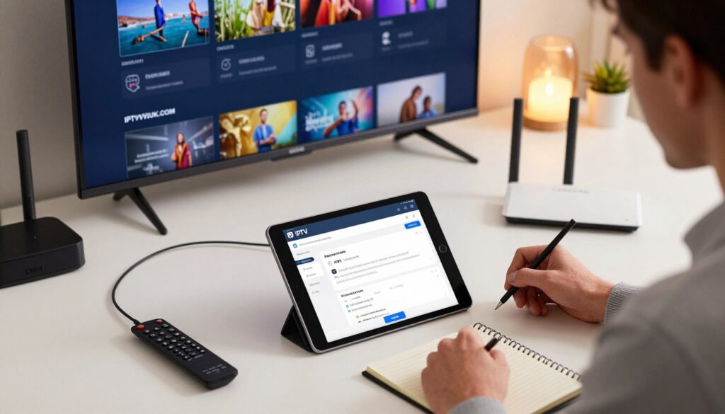 A detailed and informative IPTV setup guide, displayed on a neatly arranged desk. In the foreground, a sleek tablet shows a step-by-step installation process, surrounded by essential tools like a remote control, cables, and a wireless router. The middle includes a modern television showcasing an IPTV interface on the screen, reflecting vibrant colors. The background features a comfortable living room setting with soft, ambient lighting that adds warmth to the scene. A stylish, professional person in business casual attire observes the tablet, taking notes. The overall mood is focused and informative, emphasizing the ease of installation. Include the brand name "IPTVVUK.COM" subtly integrated into the setup materials. Use a clear, slightly angled top-down view to capture the arrangement effectively.