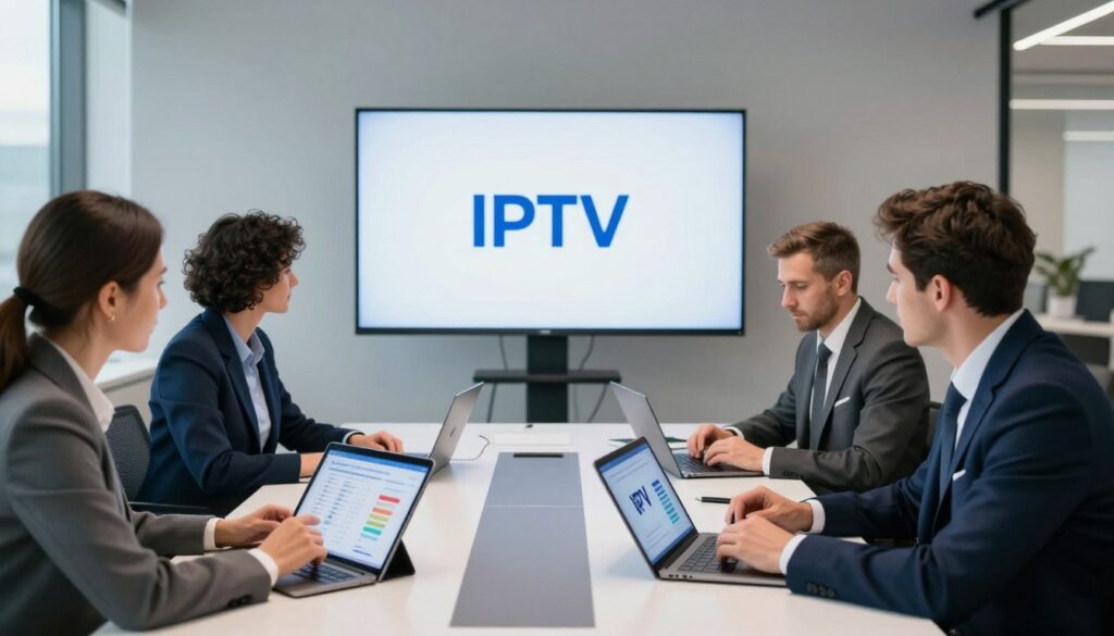 A detailed comparison of various IPTV providers in the UK, visually represented with three professional-looking individuals in business attire. They are gathered around a modern, sleek conference table with digital devices displaying IPTV logos and charts. The foreground showcases these engaged individuals analyzing data on tablets and laptops, showcasing expressions of concentration and collaboration. The middle of the image highlights bright, clear screens with logos of the top UK IPTV services. In the background, a stylish office environment with large windows allowing natural light to illuminate the scene, creating a productive and dynamic atmosphere. The mood is focused and informative, emphasizing methodical analysis. No text or branding other than “IPTVVUK.COM” subtly included in the digital devices.