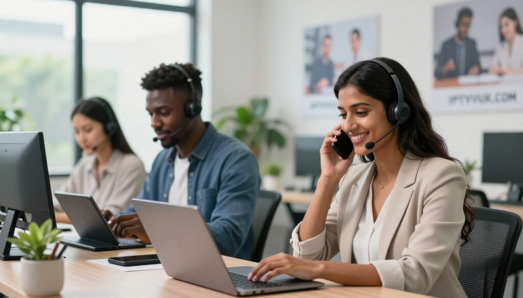A diverse team of three customer support representatives in a modern, well-lit office setting, engaged in assisting customers on their IPTV journey. The foreground features a smiling woman of South Asian descent wearing business attire, answering a phone call and typing on a laptop. To her left, a confident Black man in casual business clothing, reviewing customer queries on a tablet. The background showcases a bright room with greenery, large windows letting in natural light, and customer support-related visuals on the walls. The atmosphere is professional yet friendly, suggesting a positive customer service experience. The brand name "IPTVVUK.COM" is subtly integrated into the design of a wall poster. The scene is captured from a slight angle to emphasize teamwork and engagement, with soft lighting that creates a welcoming ambiance.
