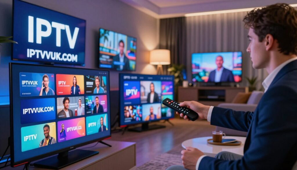 A dynamic visual showcasing the concept of IPTV channels in a modern, high-tech environment. In the foreground, an array of sleek, high-definition televisions displays vibrant streaming graphics and diverse content from various IPTV services, including the branding "IPTVVUK.COM". In the middle, a professional individual in business attire interacts with a remote control, portraying engagement with the services. The background features a cozy living room setting with soft, ambient lighting and contemporary decor, creating an inviting atmosphere. The camera angle is slightly tilted to enhance the sense of excitement and innovation, with focus on the glowing screens to emphasize the benefits of IPTV channels over traditional cable. The mood is lively and futuristic, highlighting the evolution of entertainment technology.