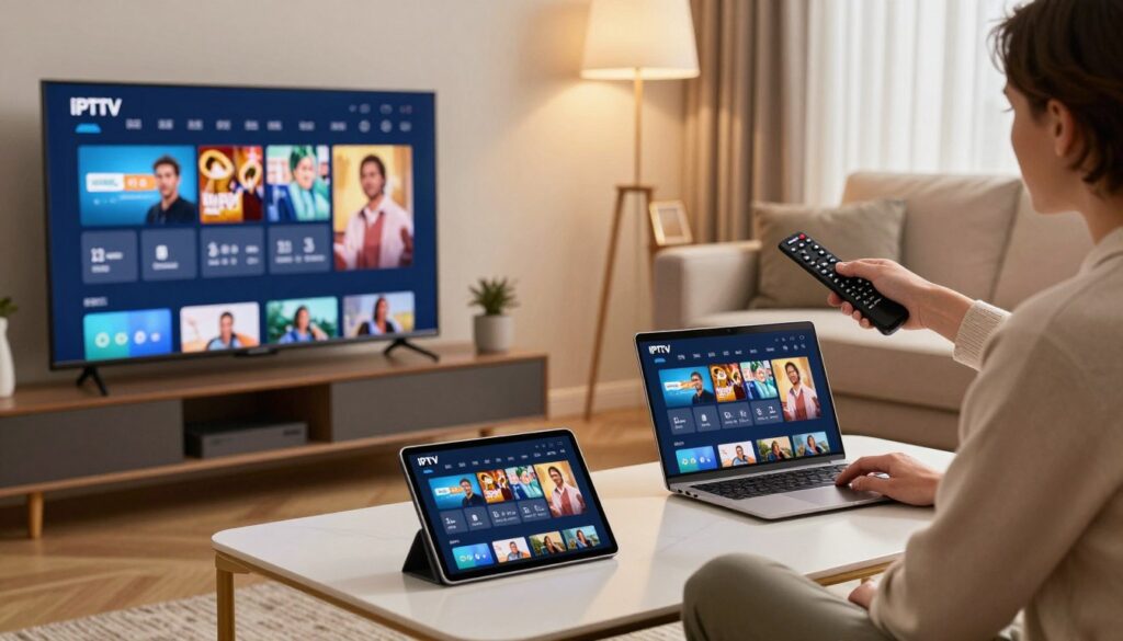 A modern and sleek living room setup showcasing IPTV on various devices. In the foreground, a smart TV displays a vibrant IPTV interface, while a tablet lies on a stylish coffee table showing the same interface. A laptop sits nearby, with an IPTV app open, showcasing seamless content streaming. In the middle ground, a person in professional business attire is adjusting the TV settings with a remote control, looking focused and engaged. The background features a cozy sofa, subtle decorative elements, and a soft, warm lighting ambiance, highlighting the comfort of home entertainment. The scene conveys a sense of excitement and ease of use, emphasizing the effective installation and setup of IPTV services with IPTVVUK.COM in mind. The angle is slightly elevated to capture the entire setup harmoniously.