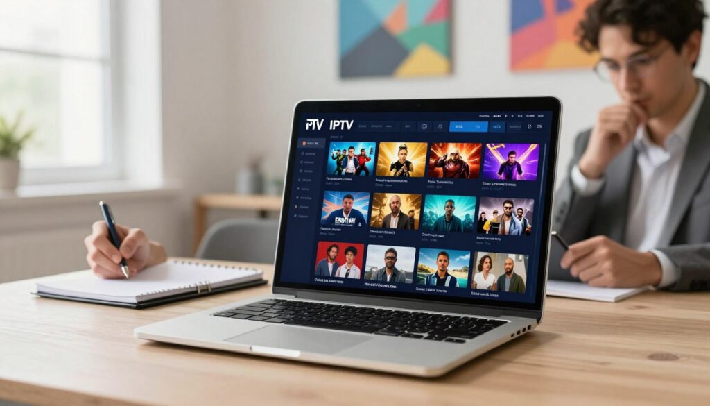A modern digital workspace showcasing IPTV services. In the foreground, a sleek laptop displays a vibrant interface of various IPTV channel options, featuring an array of thumbnails representing diverse genres like sports, movies, and documentaries. In the middle ground, a professional individual in business attire is engaged, thoughtfully analyzing the screen while taking notes on a notepad. The background features a bright, well-lit room with colorful wall art related to entertainment, hinting at the dynamic nature of IPTV. Soft natural light streams through the window, creating an inviting atmosphere. Emphasize the brand IPTVVUK.COM subtly in the laptop design. The overall mood should convey professionalism, clarity, and engagement with technology.