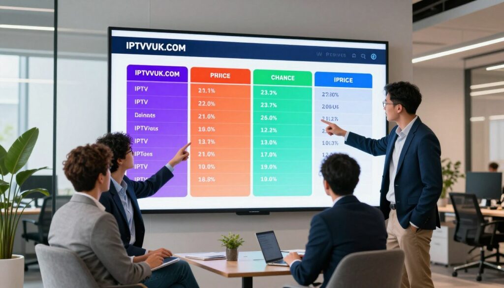 A modern, high-tech workspace featuring a large digital screen displaying a comparison chart of various IPTV services, including IPTVVUK.COM. In the foreground, a diverse group of three professionals in business attire—two men and one woman—are engaged in discussion, pointing at the screen. The setting has sleek furniture and plants, blending comfort and technology seamlessly. In the middle, the chart is vibrant, showcasing different IPTV providers, highlighting features like price, channels, and user ratings in distinct colors. The background shows a softly lit office space with large windows, allowing natural light to flow in, creating an inviting atmosphere. The overall mood is focused and analytical, suggesting a productive decision-making process.