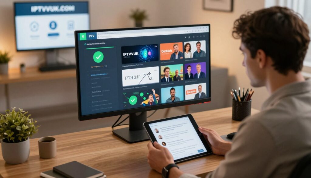 A modern home office environment featuring a large, sleek monitor displaying a vibrant IPTV interface, showcasing various channels. In the foreground, a professional individual in smart casual attire is engaged in troubleshooting, holding a tablet with customer inquiries. The middle ground includes a subtle depiction of network reliability charts and performance metrics, highlighted by green check marks signaling success. In the background, a wall-mounted screen displays the logo "IPTVVUK.COM" alongside icons representing customer support options. The lighting is warm and inviting, emphasizing a calm, reassuring atmosphere. The scene is captured from a slightly elevated angle to provide a comprehensive view, promoting a sense of professionalism and reliability in IPTV services.