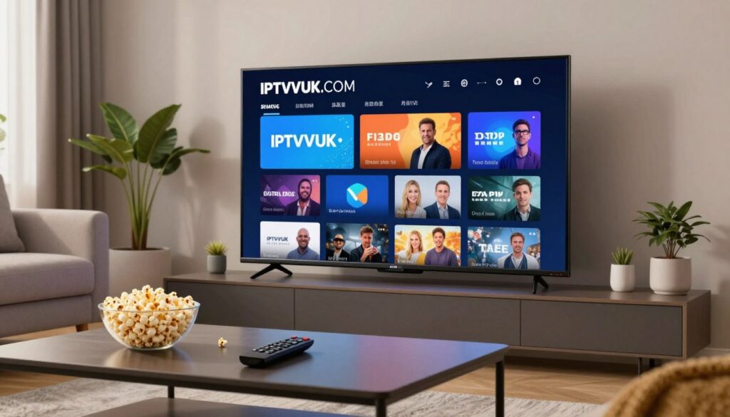 A modern living room featuring a Smart TV showcasing an IPTV service setup with IPTVVUK.COM on the screen. In the foreground, a sleek coffee table with a remote control and a few casual items, like a bowl of popcorn. The middle ground should highlight the Smart TV, clearly displaying the IPTVVUK.COM interface, with vibrant channels and a user-friendly navigation menu. The background features contemporary decor, including a comfortable couch, plants, and soft light filtering through a window, creating a warm and inviting atmosphere. The whole scene is well-lit, emphasizing the technology while providing a cozy, lived-in feeling. The photo perspective is from a low angle, capturing the TV setup and the inviting ambiance of the room without any people present.