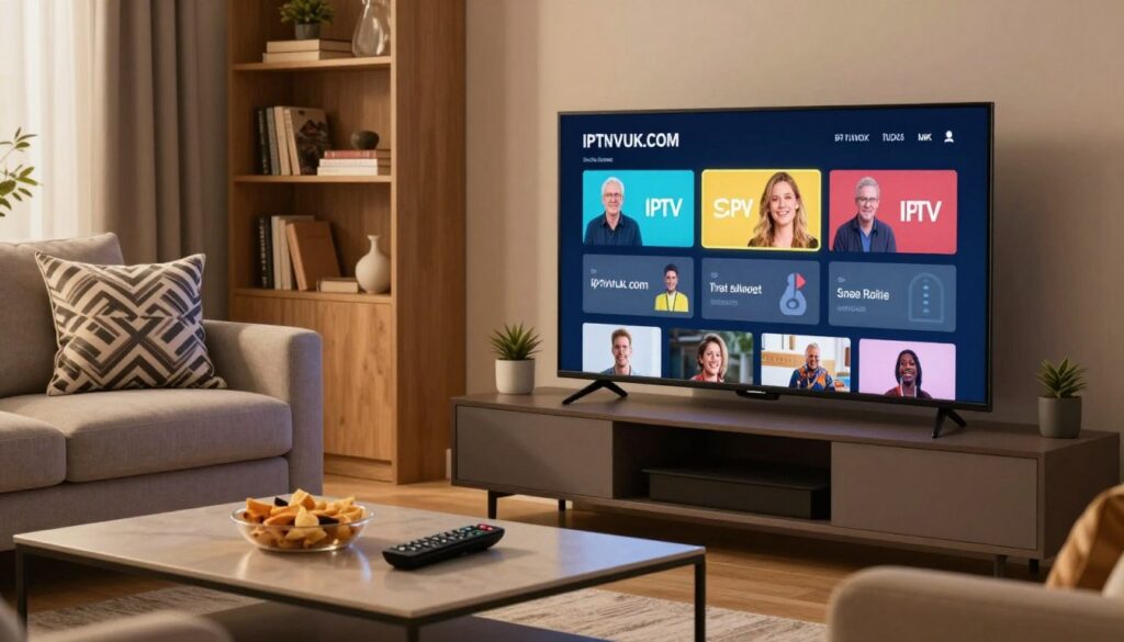 A modern living room featuring a large flat-screen TV displaying an IPTV channel selection interface for UK services. In the foreground, a sleek coffee table with a remote control and snacks positioned casually. The middle section showcases an armchair and a sofa, with a stylish decorative cushion set. Soft, warm lighting illuminates the space, creating a cozy atmosphere. In the background, a bookshelf lined with books and decorative items, hinting at a relaxed home setting. The overall mood is inviting and comfortable, steering the viewer's focus towards the TV screen. Make sure to include the brand name "IPTVVUK.COM" represented on the interface screen, showcasing its user-friendly design. The scene should capture the essence of entertainment and convenience in IPTV service selections.