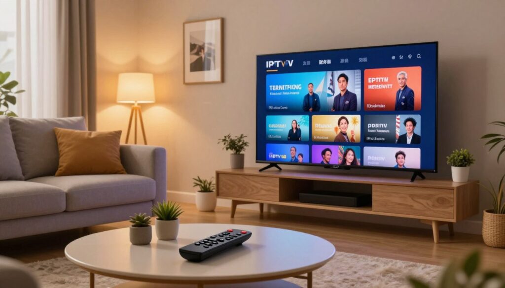 A modern living room featuring a large flat-screen television displaying high-quality IPTV streaming content, highlighting vibrant colors and crisp details. In the foreground, a sleek remote control sits on a stylish coffee table, surrounded by small decorative plants. In the middle, a comfortable couch with plush cushions invites viewers to relax while enjoying their favorite shows. The background reveals a cozy ambiance with soft, warm lighting and a few framed pictures on the walls. The atmosphere is inviting and relaxed, evoking the ease of enjoying high-quality IPTV services from IPTVVUK.COM. Use a wide-angle lens effect to capture the spacious feel of the room, emphasizing the clarity and quality of the image displayed on the screen.