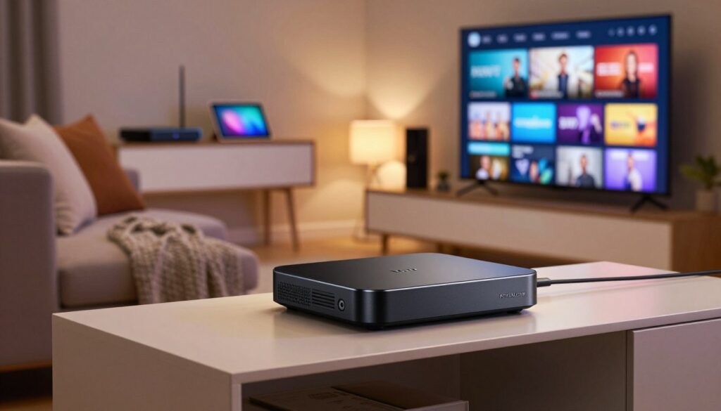 A modern living room featuring a sleek IPTV device prominently on a stylish media console, illuminated by soft ambient lighting. In the foreground, the IPTV device is connected to a large flat-screen television, showcasing a vibrant, colorful streaming interface. The middle-ground captures a cozy sofa adorned with plush cushions, inviting viewers to sit back and enjoy. In the background, a wall unit highlights various IPTV-compatible gadgets like streaming sticks and tablets. The scene has a warm, inviting atmosphere, suggesting relaxation and entertainment. The image should reflect a contemporary style, with the logo "IPTVVUK.COM" subtly incorporated into the device's design, ensuring it appears prominently yet tastefully integrated.