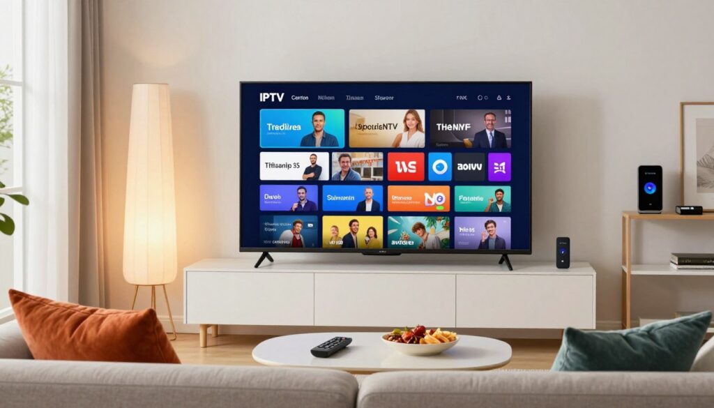 A modern living room featuring a sleek, large-screen television displaying high-definition IPTV content in crystal-clear quality. In the foreground, a comfortable sofa adorned with vibrant cushions invites viewers to relax. On the coffee table, a remote control and snacks are arranged, enhancing the cozy atmosphere. The middle section captures the television with vivid details showcasing colorful streaming visuals, representing the variety of channels available through IPTV. Soft lighting from a stylish lamp creates a warm ambiance, while natural light filters in through large windows in the background, illuminating minimalist decor. A subtle hint of technology is present with smart devices on shelves, illustrating the convenience of modern streaming services. The overall mood is inviting and contemporary, reinforcing the advantages of IPTV over traditional cable. Include the brand name "IPTVVUK.COM" subtly within the scene.