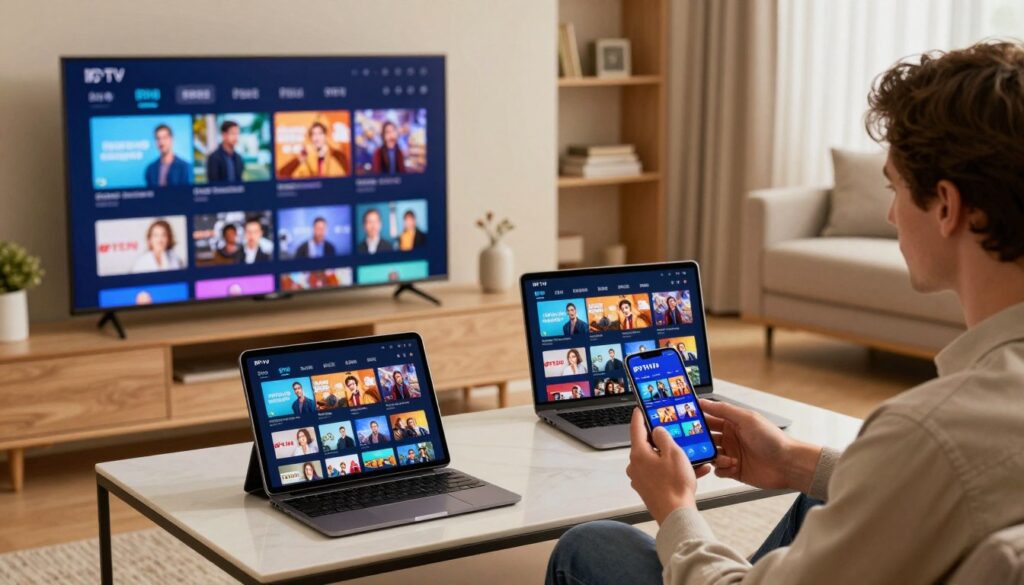 A modern living room scene featuring multiple devices displaying IPTV streams, such as a smart TV, tablet, laptop, and smartphone. In the foreground, the smart TV shows a vibrant streaming interface with diverse channels. The middle layer includes a stylish tablet and laptop on a coffee table, highlighting seamless multi-device compatibility. The smartphone is held by a person in business casual attire, intently watching a show, emphasizing convenience. The background features a cozy, well-decorated living space with warm lighting, creating an inviting atmosphere. Use a slightly elevated angle to capture the scene, ensuring clarity and focus on the devices. The overall mood should convey innovation and the advantages of IPTV, seamlessly integrating the brand name 'IPTVVUK.COM' into the composition without overpowering the devices.