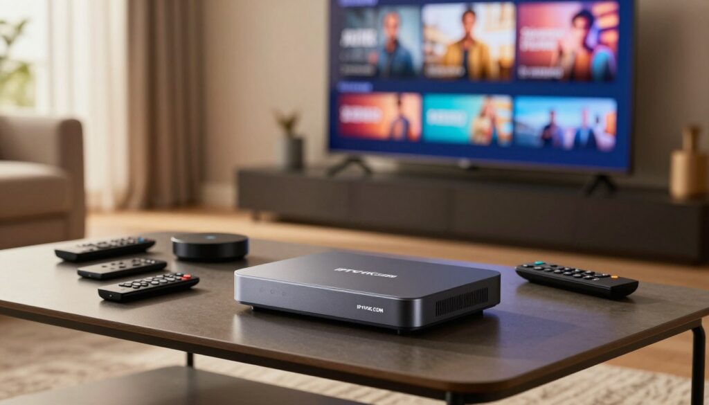 A modern living room scene showcasing various IPTV devices like streaming boxes, smart TVs, and remote controls on a sleek coffee table. In the foreground, prominently display a stylish IPTV set-top box with the brand name "IPTVVUK.COM." The middle area features a smart TV displaying vibrant content, hinting at the benefits of IPTV services. The background has soft light filtering through curtains, creating an inviting atmosphere. Use a warm color palette to enhance the cozy feel, while ensuring the overall composition focuses on the devices. The angle captures both the devices and the comfort of a contemporary living space, conveying accessibility and modern entertainment solutions. The lighting should be natural, reflecting an afternoon ambiance.