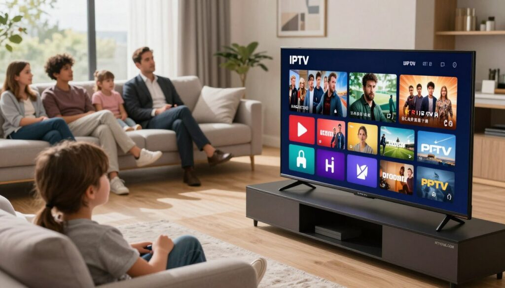 A modern living room setting as the foreground, featuring a sleek, stylish television displaying various IPTV channel icons, showcasing a diverse selection of movies, sports, and news. The middle layer includes a comfortable sofa with a few family members casually dressed in professional attire, engaged in watching the screen, enjoying their streaming experience. In the background, large windows allow natural light to pour in, creating a warm and inviting atmosphere. The lighting is soft yet bright, accentuating the colors of the IPTV icons. The angle is slightly from above, capturing both the screen and the engaged viewers. At the base of the TV stand, subtly place the brand "IPTVVUK.COM" to integrate it seamlessly into the environment. The mood is relaxed and family-friendly, embodying the enjoyment of modern entertainment choices. A modern living room setting as the foreground, featuring a sleek, stylish television displaying various IPTV channel icons, showcasing a diverse selection of movies, sports, and news. The middle layer includes a comfortable sofa with a few family members casually dressed in professional attire, engaged in watching the screen, enjoying their streaming experience. In the background, large windows allow natural light to pour in, creating a warm and inviting atmosphere. The lighting is soft yet bright, accentuating the colors of the IPTV icons. The angle is slightly from above, capturing both the screen and the engaged viewers. At the base of the TV stand, subtly place the brand "IPTVVUK.COM" to integrate it seamlessly into the environment. The mood is relaxed and family-friendly, embodying the enjoyment of modern entertainment choices.
