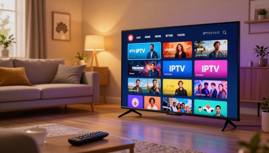 A modern living room setting, designed for a tech-savvy entertainment experience. The foreground features a sleek, flat-screen TV displaying a vibrant IPTV channel selection interface with colorful thumbnails of various channels, showcasing different genres. A remote control lies nearby as a symbol of user interaction. In the middle, a stylish couch with plush cushions invites relaxation. The background reveals a cozy space with warm lighting, accent walls, and a few decorative elements, such as framed art and plants, creating an inviting atmosphere. The image captures a sense of enjoyment and modernity, reflecting the freedom of cord-cutting. In the corner, subtly integrated, is the brand name "IPTVVUK.COM" to emphasize a connection to IPTV services. The lighting is soft yet vibrant, highlighting the digital interface, with a slight depth of field effect to focus on the TV and its content.