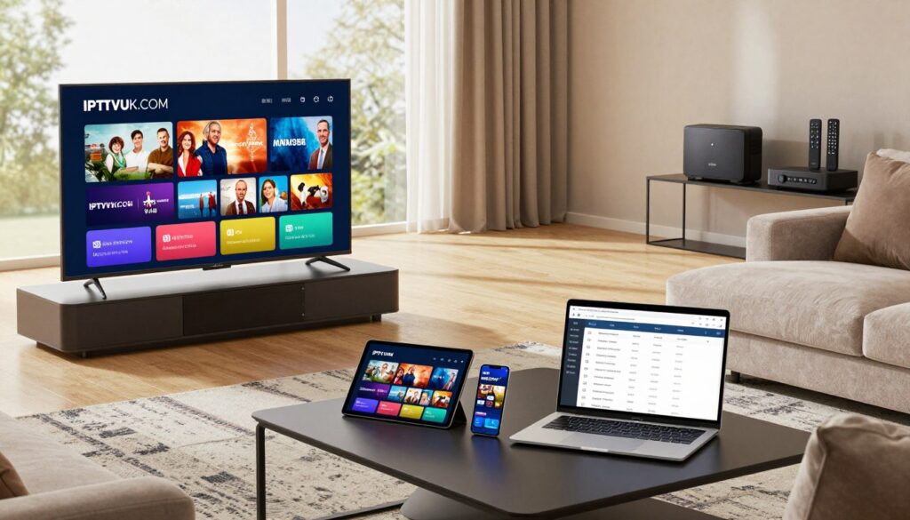A modern living room setting featuring a sleek IPTV setup on various devices. In the foreground, a smart TV displays the IPTVVUK.COM interface, showcasing vibrant British channels. On a stylish coffee table, a tablet and smartphone stream content, while a laptop nearby shows a detailed IPTV provider comparison table. The middle area includes contemporary furniture, like a plush sofa and a decorative rug, with soft natural lighting coming from large windows, creating a warm, inviting atmosphere. In the background, you can see a shelf with streaming device boxes and remote controls. Capture this from a slightly elevated angle, giving a sense of depth to the room, focusing on technology seamlessly integrated into daily life.