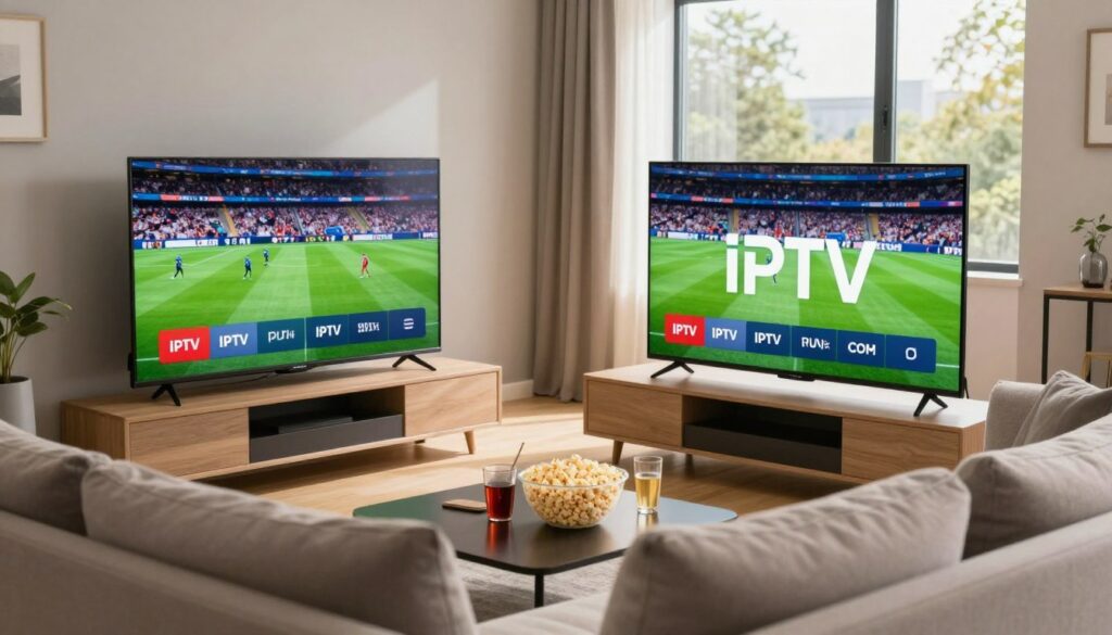 A modern living room setting serves as the foreground, showcasing a stylish flat-screen TV prominently displaying an exciting live sports event on an IPTV service, specifically featuring the logo of "IPTVVUK.COM." In the middle ground, a cozy sofa is accompanied by refreshments like popcorn and drinks, creating an inviting atmosphere. In the background, a large window reveals a bright day outside, emphasizing a relaxed home environment tailored for sports viewing. The lighting is warm and natural, enhancing the inviting mood. The angle captures the entire scene from a slightly elevated viewpoint, giving a sense of openness and accessibility. Overall, the image conveys excitement and engagement with sports coverage and pay-per-view events on IPTV services, inviting viewers into an immersive experience.