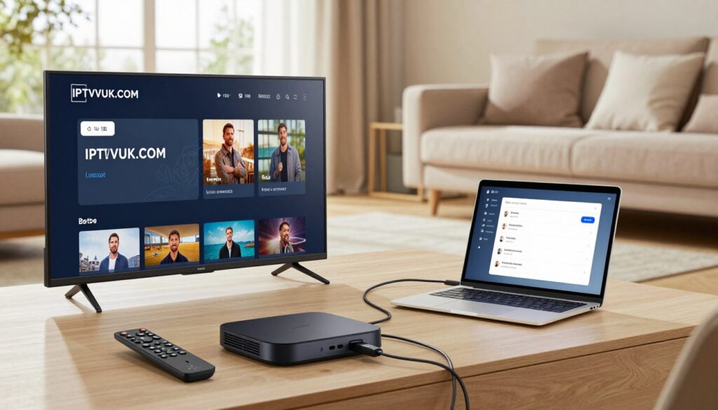 A modern living room setting showcasing an IPTV setup guide. In the foreground, a sleek smart TV displays a user-friendly interface for IPTVVUK.COM. Beside it, a compact streaming device and a remote control with clearly labeled buttons. The middle ground features an open laptop displaying a step-by-step setup guide, surrounded by connected cables, emphasizing device compatibility. A cozy couch with plush cushions invites viewers into the scene. In the background, soft natural light enters through large windows, creating a warm, inviting atmosphere. The lighting softens shadows, highlighting the technological aspects without overwhelming the viewer. Capture the mood of convenience and innovation, demonstrating how effortless IPTV setup can be in a stylish home environment. The room is neatly arranged, reflecting a comfortable and modern lifestyle.