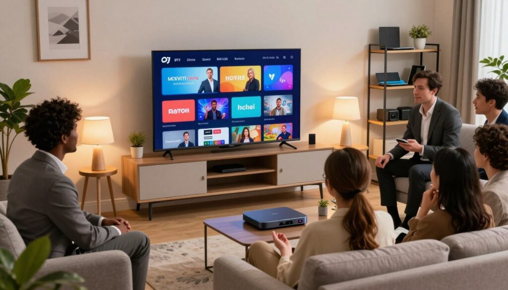 A modern living room setting with a sleek IPTV device prominently displayed on a stylish entertainment center. The device is connected to a large flat-screen TV that showcases a vibrant array of streaming options. In the foreground, a diverse group of individuals in professional business attire is gathered, discussing device compatibility and setup tips with enthusiasm. Soft, warm lighting from table lamps creates a welcoming atmosphere, while a cozy sofa and decorative plants add a touch of homeyness. The background features a wall with framed artwork and a shelf filled with tech gadgets, emphasizing the theme of modern technology. Include the brand name "IPTVVUK.COM" subtly integrated into the scene, conveying a sense of innovation and user-friendliness.