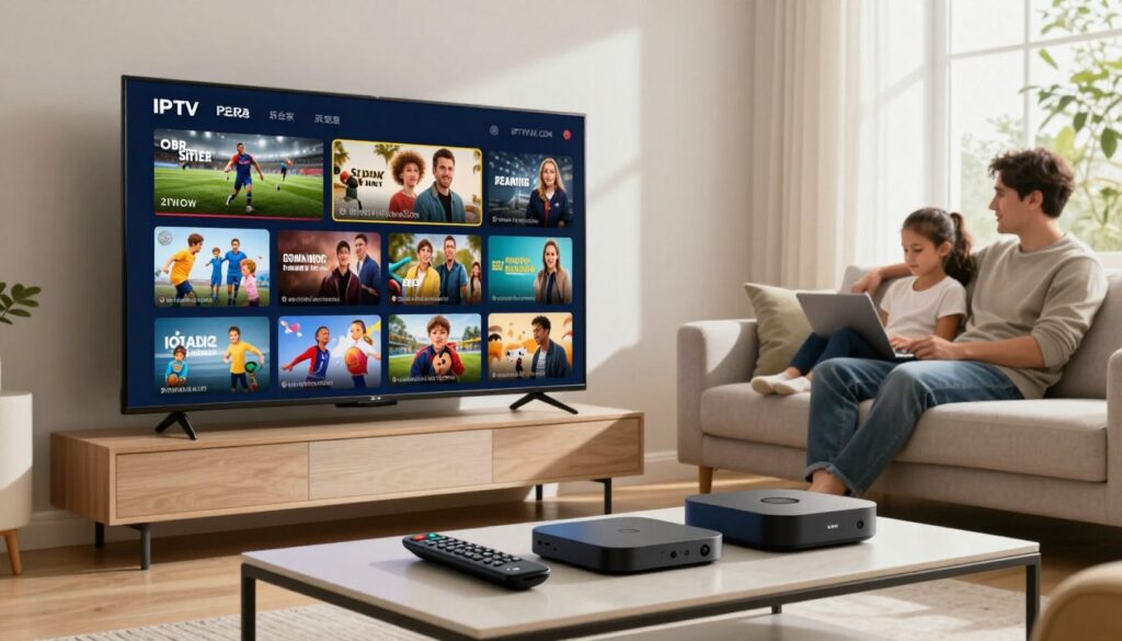 A modern living room setting with a sleek television prominently displaying diverse IPTV content offerings on the screen, showcasing genres like sports, movies, and children’s programs. In the foreground, a stylish coffee table holds a remote control and various streaming device boxes, hinting at the technology behind IPTV services. The middle ground features a cozy sofa with a family relaxing, dressed in casual but neat attire, engaging with the content. The background has a bright window with natural light filtering in, casting soft shadows and creating a warm atmosphere. The overall mood is inviting and informative, emphasizing the variety and accessibility of IPTV packages. Include the brand name "IPTVVUK.COM" subtly integrated into the decor, ensuring it complements the scene without drawing attention away from the content.