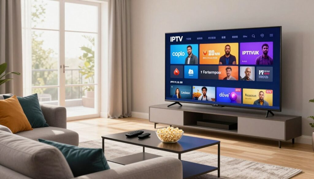 A modern living room setup featuring a large flat-screen TV displaying a high-definition IPTV interface, focused on vibrant streaming content. In the foreground, a cozy sofa with colorful cushions invites relaxation. The middle ground includes a sleek coffee table with a few remote controls and a bowl of popcorn, reflecting a casual viewing environment. The background showcases a large window with sunlight streaming in, creating a warm and inviting atmosphere. The lighting is soft yet bright, highlighting the details of the room. Use a wide-angle lens perspective to capture the entire scene, emphasizing the clarity and richness of the IPTV experience. The overall mood is inviting and enjoyable, symbolizing a premium streaming service like IPTVVUK.COM.