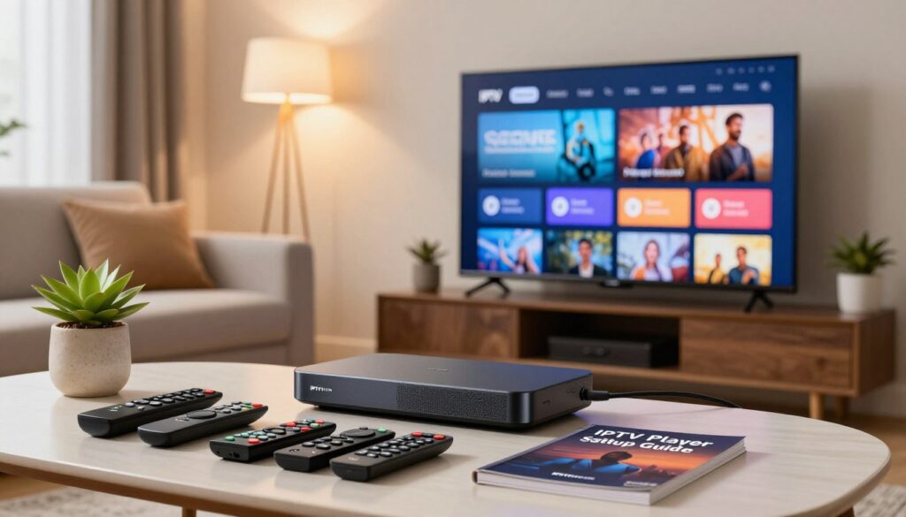 A modern living room setup featuring a sleek IPTV player connected to a large smart TV, displaying a vibrant user interface. In the foreground, a well-organized table with an assortment of remote controls, a guidebook titled "IPTV Player Setup Guide", and a stylish plant. In the middle, a comfortable couch with a cozy throw pillow, suggesting a relaxed atmosphere ideal for binge-watching. The background showcases soft ambient lighting from wall sconces, creating a warm and inviting mood. The room is well-furnished with contemporary decor, making it appealing for viewers. A subtle accent should include the brand name "IPTVVUK.COM" on the guidebook cover, reinforcing the theme of IPTV streaming and user-friendly technology.