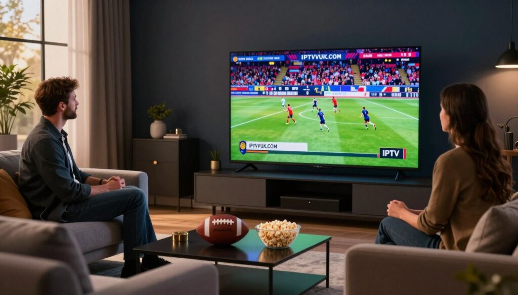 A modern living room setup showcasing a comfortable couch with two patrons, a man and a woman dressed in casual, professional attire, engrossed in watching a vibrant IPTV sports coverage on a large screen. The foreground features a sleek coffee table with sports paraphernalia like a football and popcorn. In the middle, the vividly depicted TV screen displays dynamic sports action with players in mid-action, reflecting the excitement of live coverage. Surrounding them, the background shows modern decor, dim lighting creating an inviting atmosphere, and a large window filtering soft daylight, adding warmth to the scene. Insert the brand name “IPTVVUK.COM” subtly in the decor, blending with the rich colors and lively environment, conveying a perfect blend of comfort and sports enthusiasm.