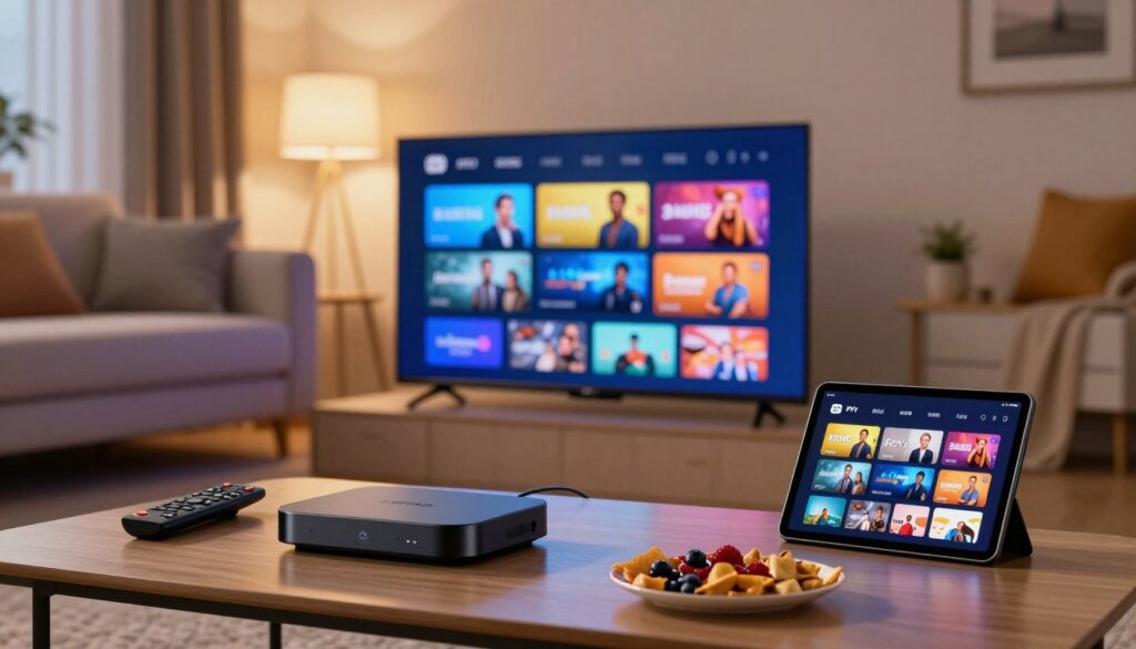 A modern living room showcasing various IPTV devices, including a sleek streaming box, a smart TV with an intuitive interface, and a tablet displaying IPTV content. In the foreground, a polished coffee table featuring a remote control and snacks. The middle layer highlights the IPTV devices in use, with vivid screens showing diverse streaming options and vibrant colors. The background features a cozy sofa and ambient lighting for a warm atmosphere. Use a soft focus to create depth, capturing the essence of future streaming needs. The room conveys a sense of comfort and technology, emphasizing the benefits of switching to an IPTV provider. Include the brand name "IPTVVUK.COM" subtly incorporated into the decor or on the screen of one device, ensuring it blends naturally.