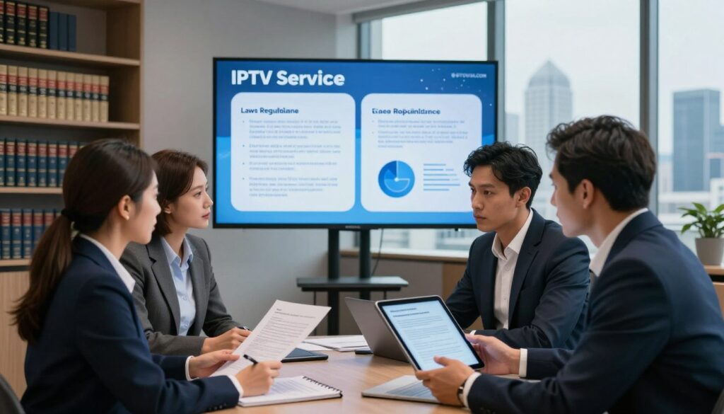 A modern office setting illustrating the legal aspects of IPTV services. In the foreground, a diverse group of three professionals—two men and one woman—engaged in a serious discussion, analyzing documents related to IPTV regulations. They are dressed in professional business attire, with the woman holding a tablet displaying a legal document. The middle layer features a large digital screen on the wall showcasing an infographic about IPTV laws and compliance. The background includes shelves filled with law books and a sleek city skyline visible through a large window, bathed in natural light. The atmosphere is focused and diligent, conveying the importance of understanding the legal implications of IPTV. The brand name "IPTVVUK.COM" is subtly included in the digital display.