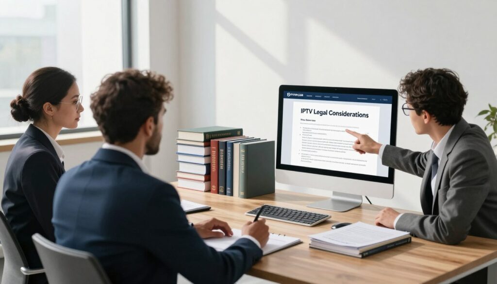 A modern office workspace with a sleek, minimalist design, featuring a large wooden desk and a computer displaying a digital legal document titled "IPTV Legal Considerations." In the foreground, a diverse group of three professionals in business attire is engaged in a discussion, illustrating collaboration and critical thinking. One of them points at the screen, while another is taking notes. In the middle ground, stacks of legal books and documents about IPTV regulations are arranged neatly. The background shows a large window with natural light streaming in, creating a bright and focused atmosphere. Soft shadows help to convey a sense of professionalism and clarity. The logo "IPTVVUK.COM" is subtly integrated into the workspace decor, ensuring a cohesive design.