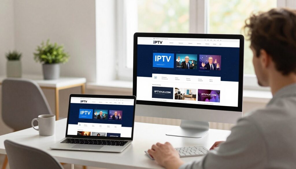 A modern, sleek home office setting featuring a thoughtful individual evaluating various IPTV service options on a large computer screen. The foreground showcases a clean desk with a laptop showing a user-friendly IPTV comparison website, including vibrant and engaging graphics suggesting features of different services. In the middle ground, a stylish chair is positioned next to the desk, with subtle decor elements like a potted plant and a coffee mug. The background features a bright, inviting window with natural light flooding the room, enhancing a warm and focused atmosphere. Use a soft-focus lens effect to create a serene mood. The overall scene should reflect professionalism and dedication, subtly incorporating the brand name "IPTVVUK.COM" in a tasteful manner within the graphics.
