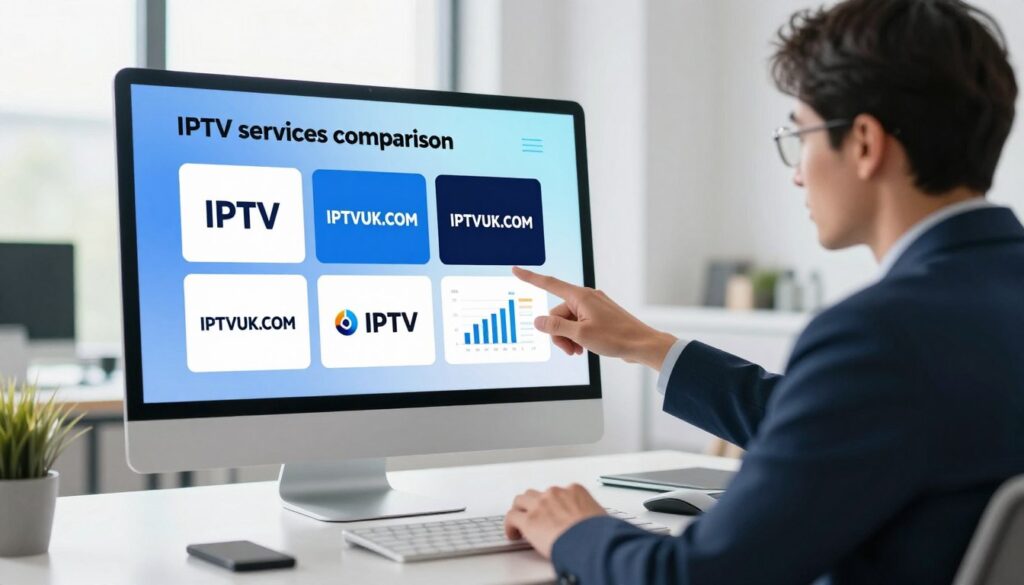 A modern, sleek visual representation of "IPTV services comparison" featuring a computer screen displaying various IPTV service logos, such as IPTVVUK.COM, placed on a stylish desk in a contemporary office. In the foreground, a professional-looking person in business attire is analyzing the screen, pointing to key features with a thoughtful expression. The middle background includes charts and graphs illustrating service comparisons, created with a smooth gradient of blue and white tones to give a tech-savvy feel. The overall ambiance is bright, enhanced by soft, natural lighting coming from a large window, creating an atmosphere of professionalism and expertise. The image captures a sense of innovation and informed decision-making in the IPTV sector.