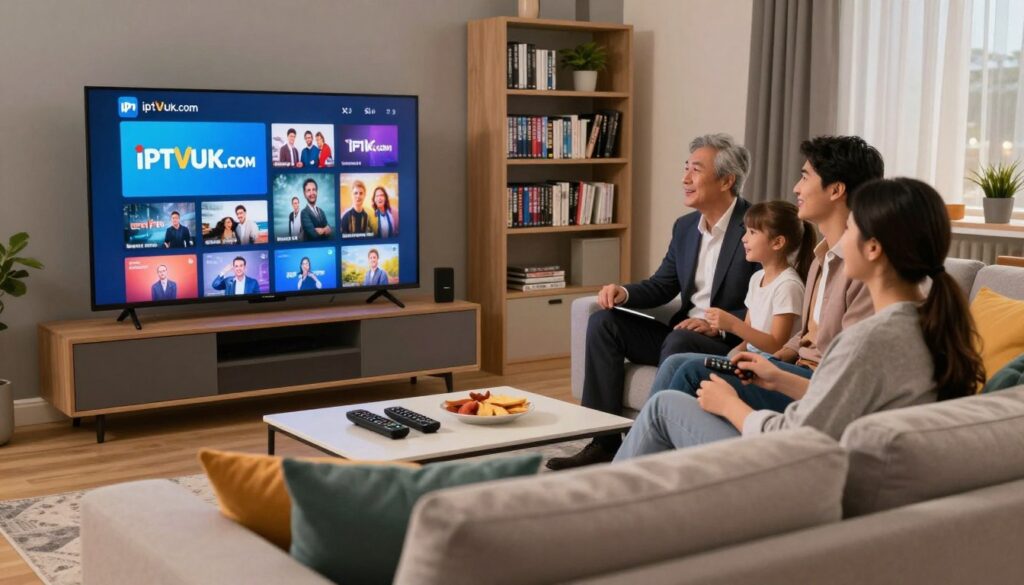 A modern, stylish living room showcasing a sleek flat-screen TV displaying the IPTVVUK.COM logo as a vibrant interface, symbolizing an on-demand library of diverse video content. In the foreground, a comfortable sofa with colorful cushions and a coffee table scattered with remote controls and snacks creates a cozy atmosphere. The middle layer features a family of four, dressed in professional business attire, sitting together, engrossed in their viewing experience, showcasing joy and engagement. The background reveals bookshelves filled with DVDs and a decorative plant, emphasizing a homey vibe. Soft, warm lighting fills the room, highlighting the connection between technology and family moments, with a lens perspective that invites viewers to feel part of this modern entertainment space.