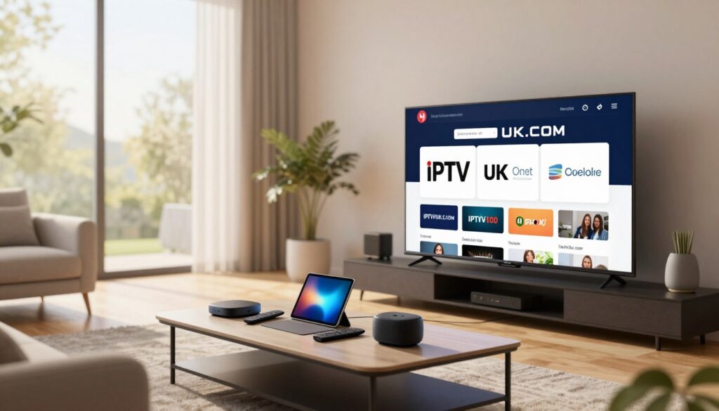 A professional and informative illustration of legitimate IPTV providers in the UK, featuring a sleek modern living room setting. In the foreground, a high-definition television displays a clear IPTV user interface with logos of well-known legitimate providers like "IPTVVUK.COM". The middle ground includes a stylish coffee table with diverse streaming devices like a remote control, tablet, and smart speaker, highlighting the technology. In the background, soft sunlight filters through large windows, creating a warm and inviting atmosphere. The room has a contemporary design with comfortable furniture and subtle decor, promoting a feeling of relaxation and entertainment. The image is shot at eye level with a wide-angle lens to capture the entire space, conveying a mood of accessibility and trust in IPTV services.