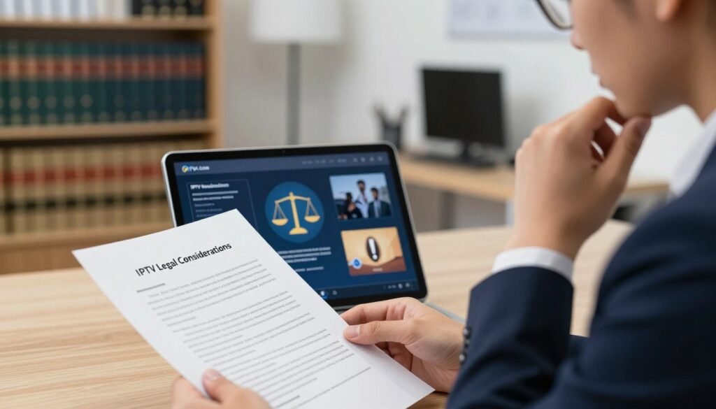 A professional and informative scene representing "IPTV Legal Considerations". In the foreground, a business professional in smart attire examines a legal document, symbolizing compliance, with a thoughtful expression. In the middle ground, a digital tablet displays IPTV network images and legal icons, like scales of justice and an exclamation mark, emphasizing legal awareness. The background features a blurred office setting with bookshelves filled with law books and modern technology, suggesting a professional environment. The lighting is bright and clear, creating a focused atmosphere. Capture the seriousness of legal considerations in IPTV streaming, conveying a mood of diligence and responsibility. Highlight "IPTVVUK.COM" subtly within the image, perhaps as a logo on the tablet or a document header, ensuring it integrates naturally without overwhelming the scene.