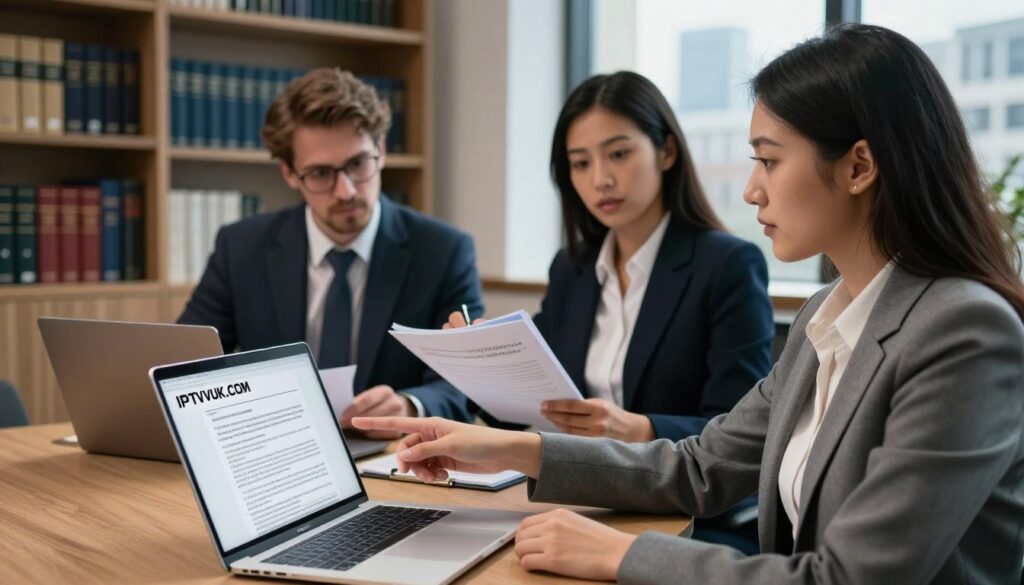 A professional business setting featuring a diverse group of three individuals engaged in a serious discussion about IPTV legal considerations in the United Kingdom. In the foreground, a confident woman in a tailored suit is pointing at a laptop screen displaying legal documents. In the middle, a man in business attire is writing notes while a woman in formal but modest wear reviews a folder of regulations. The background should include shelves filled with legal books and a large window showing a cityscape. The lighting is bright and focused, giving an atmosphere of seriousness and professionalism. The angle is slightly elevated, providing a comprehensive view of the setting. The brand name "IPTVVUK.COM" prominently displayed on the laptop screen adds context to the image.