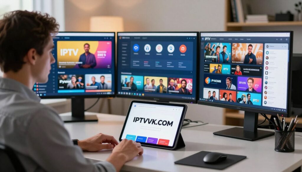 A professional individual seated at a sleek, modern desk, analyzing various IPTV service options on multiple screens displaying vibrant images of diverse TV programs and streaming categories. The foreground features a tablet showcasing the brand "IPTVVUK.COM" prominently, adding emphasis on selection. In the middle ground, subtle digital elements like service comparison charts and icons can be visible, illustrating key features such as pricing and channel variety. The background is a soft-focus office environment with warm lighting, giving a comfortable yet professional atmosphere, complemented by a modern bookshelf. The overall mood conveys careful consideration and informed decision-making, capturing the essence of choosing the right IPTV service for personalized viewing needs.