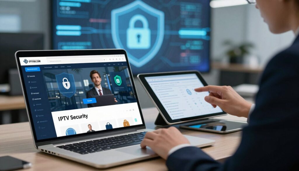 A professional office environment illustrating "IPTV Security". In the foreground, a sleek laptop displaying an IPTV interface, with security software icons prominently visible on the screen, suggesting robust protection. In the middle, a person in a business suit analyzes data on a tablet, symbolizing vigilance in IPTV compliance. The background features abstract digital security elements like locks and shields, interwoven with streaming data visuals, enhancing the theme of protection. Soft, focused lighting highlights the laptop and tablet, creating a sense of urgency and importance. Capture a mood of professionalism and security. The brand "IPTVVUK.COM" is subtly integrated into the screen display.